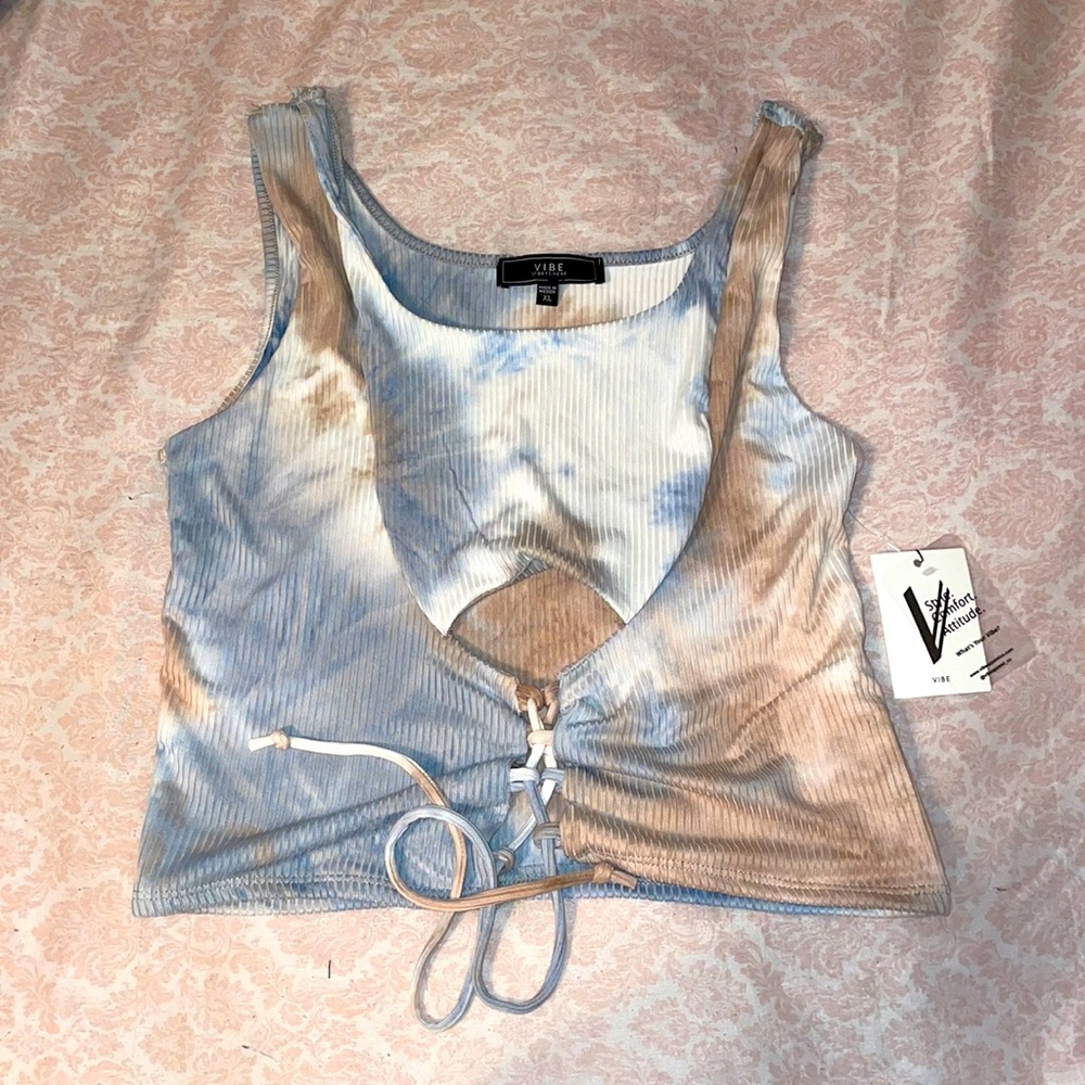 Tan and Blue Lace Up Crop Top